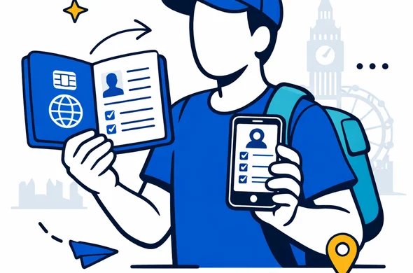 Flat or semi-flat vector illustration of an abstract traveler holding an open biometric passport and a smartphone with a UK ETA application form, deep blue and turquoise Aid-Air brand colors with yellow and blue accents for the United Kingdom, calm organized digital interface, minimalist white background with a faint Big Ben and London skyline silhouette, isometric or 2D modern tech style, faceless characters