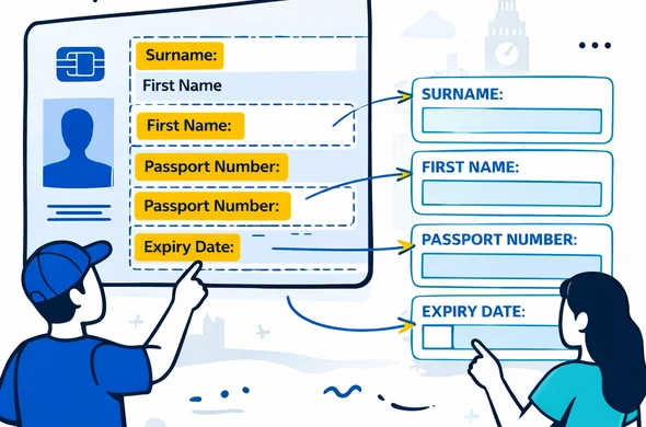 Flat vector infographic of an enlarged biometric passport data page with highlighted fields like name, passport number and expiry date, clean labels showing what to copy into a UK ETA form, deep blue and turquoise main colors with yellow and blue UK accents, calm organized layout, minimalist white background with a faint Big Ben outline, 2D modern style, faceless abstract characters
