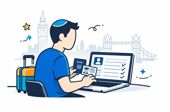 Flat vector illustration of an Israeli traveler sitting at a laptop and filling a UK ETA personal details form, calm and organized interface, modern semi flat design, deep blue and turquoise as primary colors, yellow and blue accents for United Kingdom, minimalist white background with subtle London skyline silhouette including Big Ben and Tower Bridge, faceless neutral character holding a passport and ID card, technology and efficiency theme