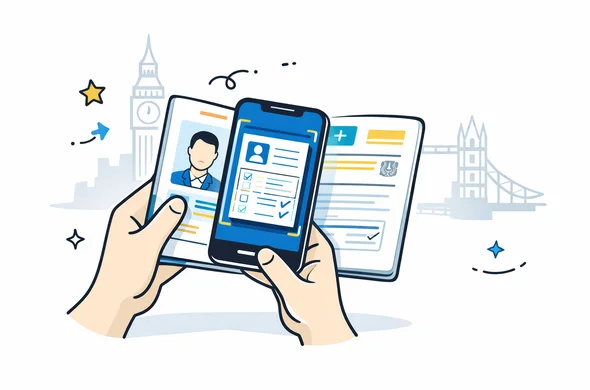 Semi flat vector illustration of a smartphone scanning an open passport page to fill a UK ETA form automatically, deep blue and turquoise interface, yellow and blue accents for United Kingdom, calm and efficient atmosphere, minimalist grey and white background with a soft outline of London skyline, faceless neutral hands holding the phone and passport