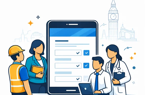 Semi-flat vector illustration of several abstract faceless characters representing different professions, gathered around a large digital UK ETA form on a tablet, deep blue and turquoise colors with yellow highlights, calm and organized scene, minimalist white background with a faint outline of Big Ben and Tower Bridge in the distance