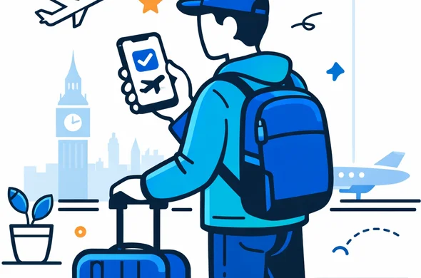 Flat vector illustration of an abstract faceless traveler standing in a modern airport, checking a UK ETA approval screen on a smartphone, clean geometric lines, deep blue and turquoise as primary colors, yellow and blue accents for the United Kingdom, calm efficient atmosphere, minimalist light background with a faint silhouette of Big Ben and the London skyline in the distance