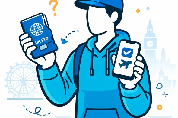 Semi-flat vector illustration of an abstract faceless traveler holding a damaged or broken passport in one hand and a smartphone showing a UK ETA approval screen in the other hand, deep blue and turquoise as main colors, yellow and blue UK accents, calm but slightly concerned mood, minimalist light background with a subtle outline of the London Eye and Big Ben in the distance