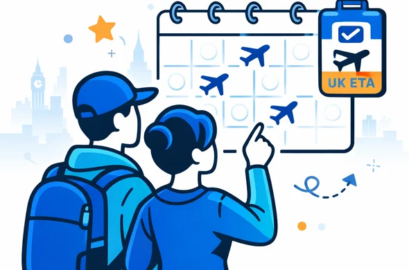 Flat vector illustration of a minimalist calendar with multiple airplane icons and a digital UK ETA badge, abstract faceless characters planning several back-to-back trips, deep blue and turquoise palette with yellow and blue European accents, clean modern design, light background with a subtle outline of the London skyline