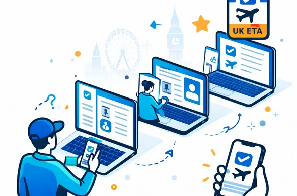 Isometric vector illustration of a step-by-step UK ETA application process shown as a flow of screens on laptops and smartphones, abstract faceless characters completing digital forms, deep blue and turquoise colors with yellow and blue UK accents, calm organized tech atmosphere, minimalist light background with a faint outline of London landmarks