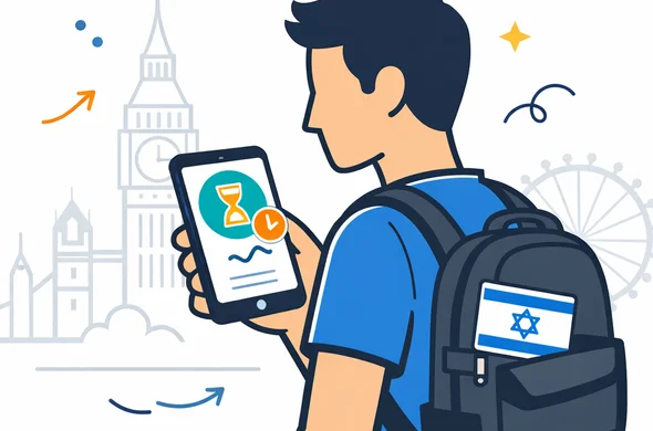Flat 2D vector illustration of an Israeli traveler calmly checking a smartphone that shows a large Pending status icon for a UK ETA application, deep blue and turquoise primary colors with yellow and blue accents for the United Kingdom, minimalist white and light grey background with a faint outline of Big Ben and the London skyline, clean lines, modern tech interface, faceless abstract character with neutral skin tone, safe and organized atmosphere