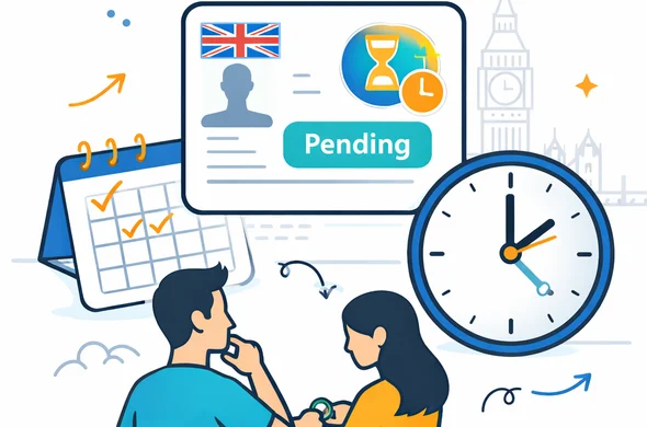 Semi-flat vector illustration showing a calendar and a large clock around a digital UK ETA application card with a Pending label, deep blue and turquoise primary colors with yellow and blue accents for the United Kingdom, minimalist white and light grey background, faint outline of the Houses of Parliament in London, 2D clean style, faceless abstract characters checking the time, calm and organized atmosphere