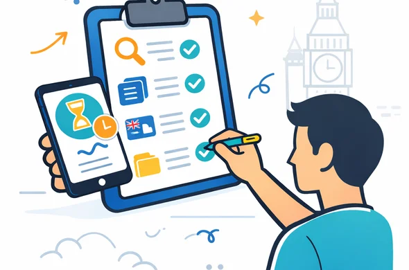 Flat vector illustration of a checklist with numbered steps for handling a Pending UK ETA status, abstract faceless character ticking off steps on a clipboard and smartphone, deep blue and turquoise primary colors with yellow and blue UK accent colors, minimalist white and grey background, faint outline of Big Ben, clean modern infographic style, calm and efficient atmosphere