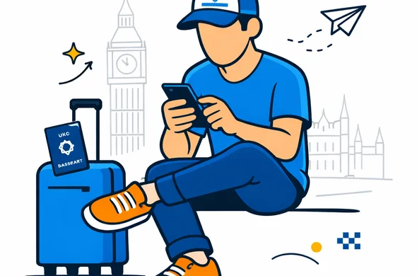Flat vector illustration of an Israeli traveler sitting calmly and filling out a UK ETA security form on a smartphone, semi-flat modern tech style, deep blue and turquoise palette with yellow and blue accents, minimalist light background with a faint outline of Big Ben and the London skyline, abstract faceless character, organized and safe atmosphere