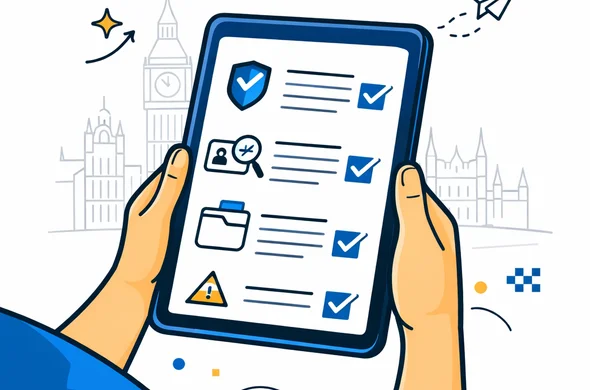 Semi-flat vector illustration of a digital checklist on a tablet showing steps to prepare criminal and security information before a UK ETA application, abstract faceless character holding the device, deep blue and turquoise colors with yellow and blue accents, minimal white background with subtle London skyline outline, calm and efficient mood