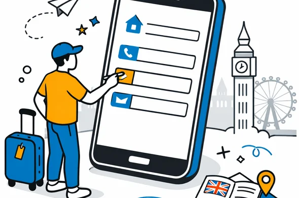 Isometric flat vector illustration of a traveller filling out a digital UK ETA form on a large smartphone screen, with visible address, phone and email fields, deep blue and turquoise primary colors, yellow and blue accents for the United Kingdom, abstract faceless characters, calm efficient atmosphere, minimalist white background with a subtle London skyline silhouette including Big Ben and the London Eye, modern tech style, clean lines, non photorealistic