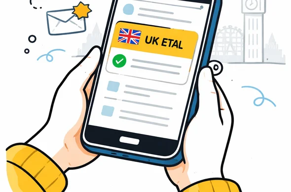 Flat vector illustration of a smartphone displaying an email inbox with a highlighted UK ETA approval message, deep blue and turquoise primary colors, yellow and blue accents for the United Kingdom, abstract faceless character holding the phone, calm organised atmosphere, minimalist white background with a faint outline of Big Ben and the London Eye, modern tech style, non photorealistic