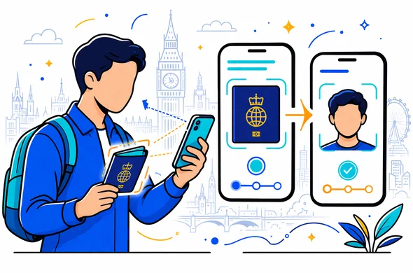 Flat vector illustration of a faceless traveler using a smartphone to apply for a UK ETA, scanning a passport and uploading a face photo, deep blue and turquoise primary colors with yellow and blue accents for the UK, calm and organized interface screens, minimalist white background with a faint outline of Big Ben and the London skyline, modern semi-flat tech style, no facial features, clean lines
