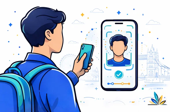 Semi-flat vector illustration of a faceless traveler holding a smartphone at arm length while a face scan frame appears on the screen for a UK ETA application, deep blue and turquoise colors with yellow and blue accents, calm and secure atmosphere, minimalist white background with a faint outline of Tower Bridge in London, modern tech UI elements, clean lines, no facial features