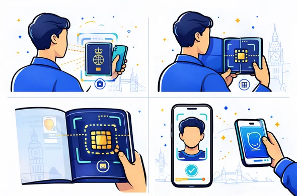 Flat vector comparison illustration showing abstract faceless characters scanning a passport, scanning a chip, and taking a face photo for a UK ETA process, arranged in four simple panels, deep blue and turquoise with yellow and blue European accents, minimalist white background with a faint Big Ben silhouette, clear icons and labels, modern infographic style