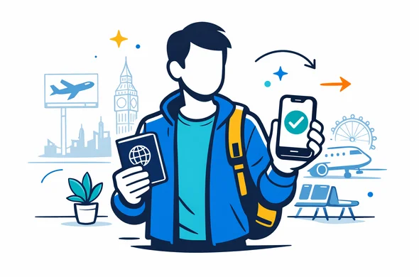 Flat vector illustration, modern tech style, deep blue and turquoise with warm yellow accent, faceless abstract traveler holding passport and smartphone with UK ETA approval screen, calm airport departure scene, minimal white background with faint outline of Big Ben and London skyline, semi-isometric perspective, clean lines, for a visa information website