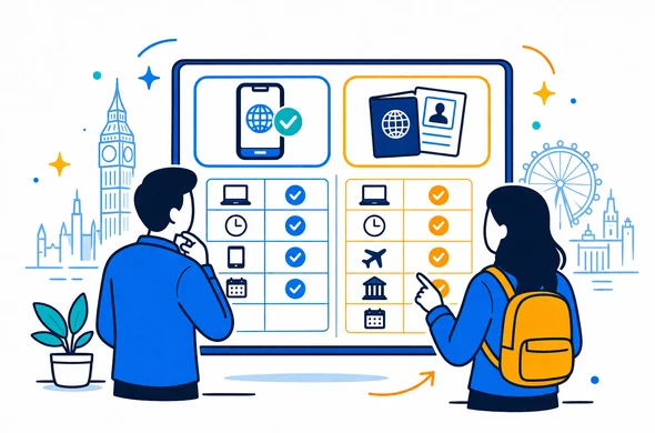 Flat semi-flat vector illustration showing abstract comparison chart between digital UK ETA and traditional visa, deep blue and turquoise base with yellow highlights, faceless characters looking at large infographic screen, minimalist background with faint London skyline silhouette, clean 2D style, modern tech look, calm and organized atmosphere