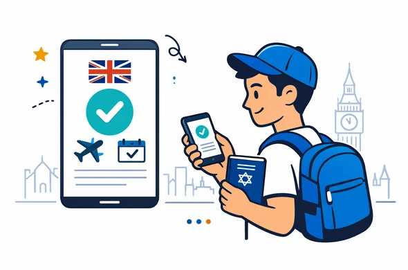 Flat vector illustration of an Israeli traveler holding a passport and smartphone, checking a UK ETA approval screen, modern clean digital interface, deep blue and turquoise primary colors with yellow and blue United Kingdom accents, calm efficient atmosphere, minimalist light background with a subtle outline of Big Ben and the London skyline