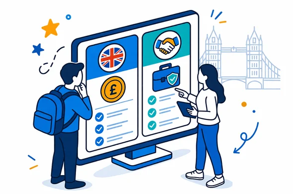 Isometric flat vector illustration of two pricing columns side by side, one labeled UK ETA government fee and one labeled englandvisa service package, abstract faceless characters comparing options on a large screen, deep blue and turquoise colors with yellow and blue United Kingdom accents, minimalist background with a faint outline of Tower Bridge in London, calm professional mood