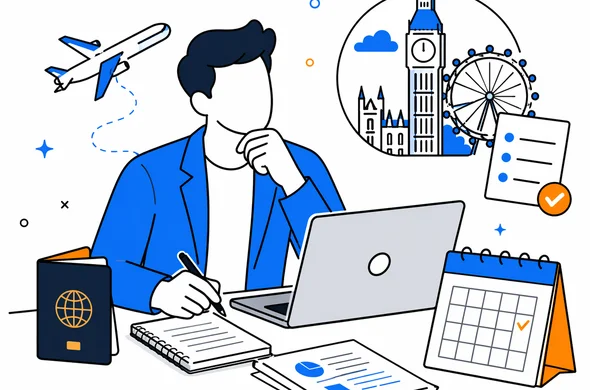 Flat semi-flat vector illustration, faceless abstract traveler planning a short business trip to the UK with laptop passport calendar and documents, calm organized atmosphere, minimal background, Aid-Air palette, clean modern tech feel