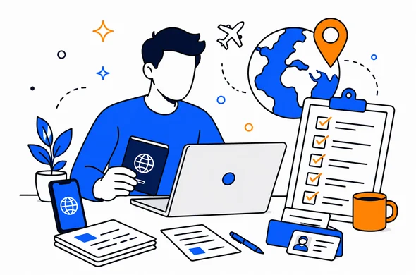 Flat semi-flat vector illustration, faceless abstract Israeli traveler living abroad preparing a UK ETA application with passport, laptop, phone, documents and a tidy checklist, calm organized atmosphere, minimal background, Aid-Air palette, clean modern tech feel