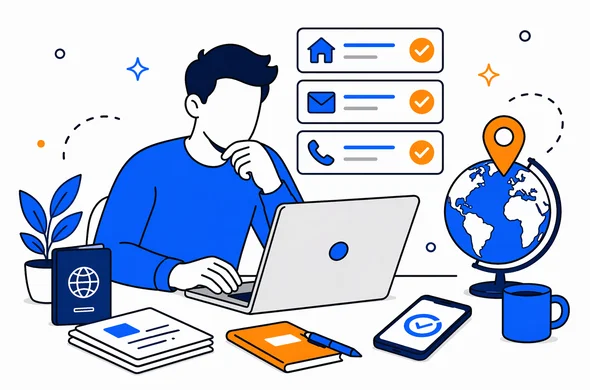 Flat semi-flat vector illustration, faceless abstract traveler abroad checking address, email and phone details for a UK ETA form on a laptop, calm organized atmosphere, minimal background, Aid-Air palette, clean modern tech feel