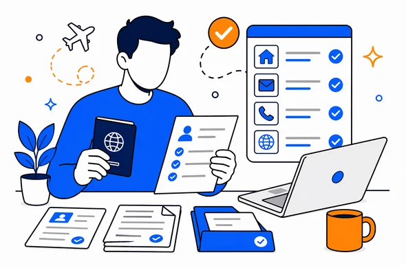 Flat semi-flat vector illustration, faceless abstract traveler doing a final consistency check of passport, contact details and documents before submitting a UK ETA application, calm organized atmosphere, minimal background, Aid-Air palette, clean modern tech feel
