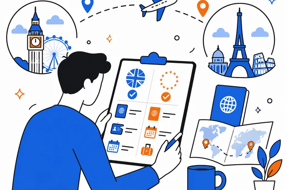 Flat semi-flat vector illustration, faceless abstract traveler reviewing a travel checklist for UK ETA and ETIAS before a London and Europe trip, calm organized atmosphere, minimal background, Aid-Air palette, clean modern tech feel