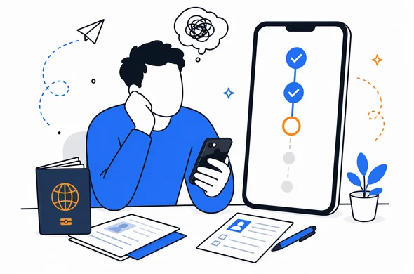 Flat semi-flat vector illustration, faceless abstract traveler stuck in a mobile ETA application flow with passport and documents nearby, calm organized atmosphere, minimal background, Aid-Air palette, clean modern tech feel