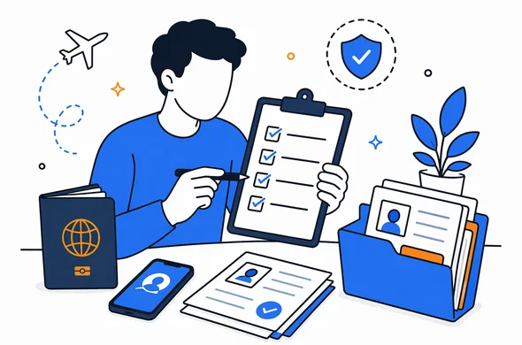 Flat semi-flat vector illustration, faceless abstract traveler reviewing a checklist with passport phone and organized documents, calm organized atmosphere, minimal background, Aid-Air palette, clean modern tech feel