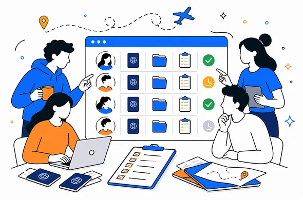 Flat semi-flat vector illustration, faceless abstract travelers using a shared tracking board for multiple travel authorizations, folders, checklist, passports and status markers, calm organized atmosphere, minimal background, Aid-Air palette, clean modern tech feel