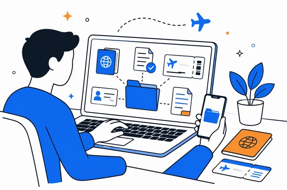 Flat semi-flat vector illustration, faceless abstract traveler organizing UK ETA confirmation, passport scan, flight booking and trip documents into one digital folder on laptop and phone, calm organized atmosphere, minimal background, Aid-Air palette, clean modern tech feel