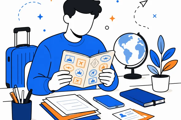 Flat semi-flat vector illustration of a faceless abstract traveler calmly reviewing a passport with many stamps on a tidy desk, minimal background, Aid-Air palette, clean modern tech feel, organized travel documents, no text