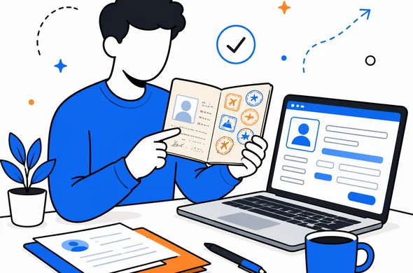 Flat semi-flat vector illustration of a faceless abstract traveler comparing passport details with a digital form, calm organized atmosphere, minimal background, Aid-Air palette, clean modern tech feel, no text