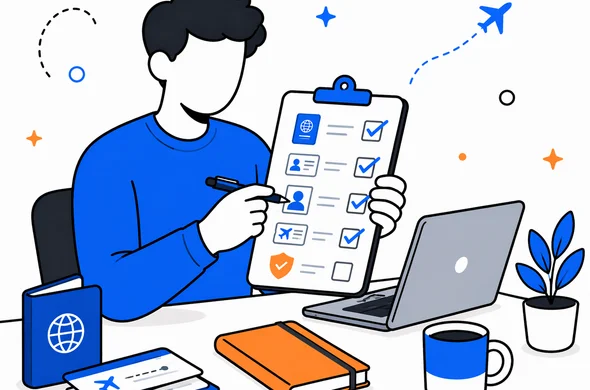 Flat semi-flat vector illustration of a faceless abstract traveler using a simple checklist before submitting a travel authorization application, calm organized desk, minimal background, Aid-Air palette, clean modern tech feel, no text