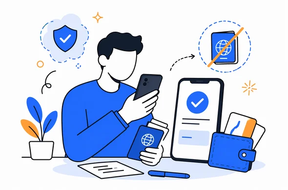 Flat semi-flat vector illustration, faceless abstract traveler reviewing passport documents and ETA approval on phone after lost passport, calm organized atmosphere, minimal background, Aid-Air palette, clean modern tech feel