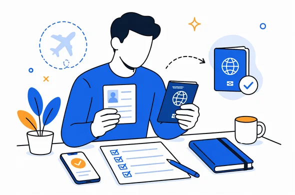 Flat semi-flat vector illustration, faceless abstract traveler comparing old passport notes with new passport details on desk, organized checklist, calm modern tech feel, minimal background, Aid-Air palette