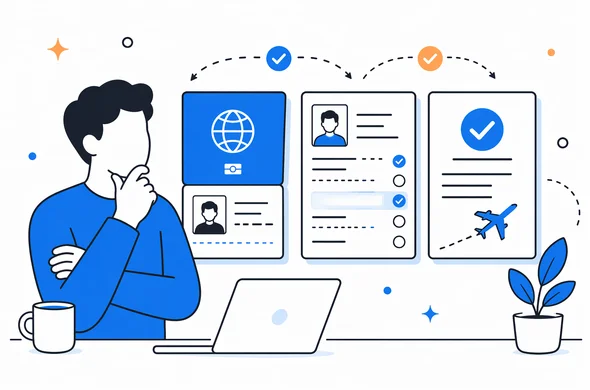 Flat semi-flat vector illustration, faceless abstract character reviewing passport, application form and approved travel authorization side by side, calm organized atmosphere, minimal background, Aid-Air palette, clean modern tech feel