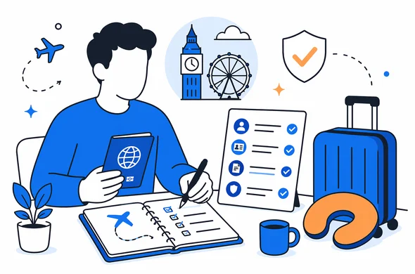 Flat semi-flat vector illustration, faceless abstract traveler preparing calmly for another UK trip with checked documents, passport and travel notes, minimal background, Aid-Air palette, clean modern tech feel