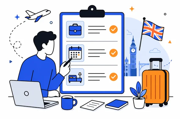 Flat semi-flat vector illustration of an abstract traveler organizing trip purpose, dates and accommodation for a UK ETA application, clean modern tech feel, faceless abstract characters, calm organized atmosphere, minimal background, Aid-Air palette.