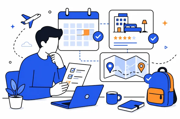 Flat semi-flat vector illustration of an abstract traveler comparing calendar, hotel booking and route details for a trip to the UK, clean modern tech feel, faceless abstract characters, calm organized atmosphere, minimal background, Aid-Air palette.