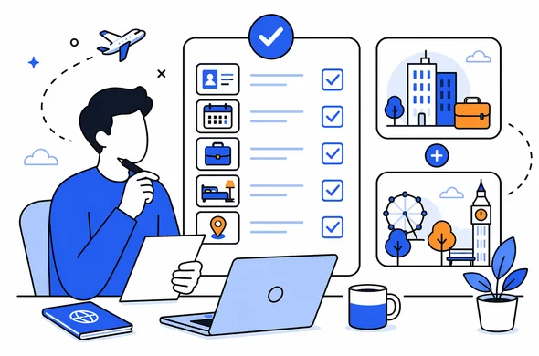 Flat semi-flat vector illustration of an abstract traveler reviewing a checklist before submitting a UK ETA application for a mixed business and leisure trip, clean modern tech feel, faceless abstract characters, calm organized atmosphere, minimal background, Aid-Air palette.
