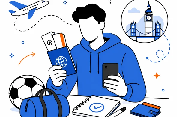 Flat semi-flat vector illustration, faceless abstract traveler reviewing passport, football ticket, phone and boarding details before a UK trip, calm organized atmosphere, minimal background, Aid-Air palette, clean modern tech feel