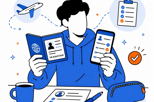Flat semi-flat vector illustration, faceless abstract traveler comparing passport details and personal information on phone before submitting UK ETA, calm organized atmosphere, minimal background, Aid-Air palette, clean modern tech feel