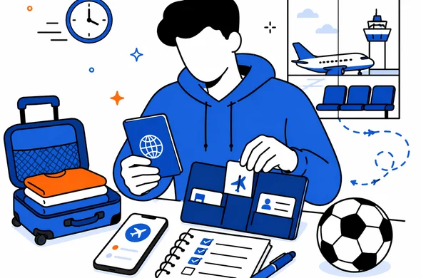 Flat semi-flat vector illustration, faceless abstract traveler organizing passport, flight details and ETA checklist in a last-minute airport preparation scene, calm organized atmosphere, minimal background, Aid-Air palette, clean modern tech feel