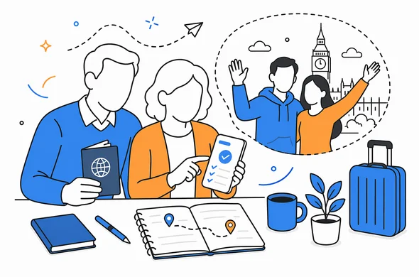 Flat semi-flat vector illustration of parents planning a visit to children living in the UK, passport phone checklist and travel notes, calm organized atmosphere, minimal background, Aid-Air palette, clean modern tech feel, faceless abstract characters