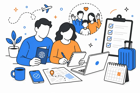 Flat semi-flat vector illustration of organized travel preparation for UK ETA, checklist passport family visit notes and calendar, calm organized atmosphere, minimal background, Aid-Air palette, clean modern tech feel, faceless abstract characters