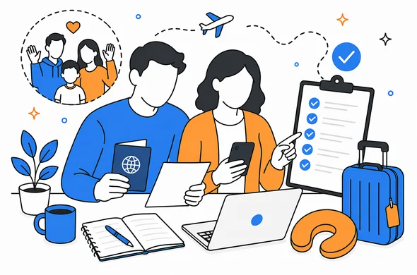 Flat semi-flat vector illustration of calm final review before UK ETA submission for a family visit, passport checklist notes and phone, minimal background, Aid-Air palette, clean modern tech feel, faceless abstract characters