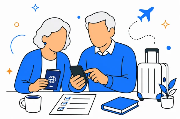 Flat semi-flat vector illustration, faceless senior travelers preparing a UK ETA application with passport smartphone and checklist, calm organized atmosphere, minimal background, Aid-Air palette, clean modern tech feel