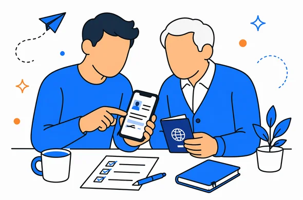 Flat semi-flat vector illustration, faceless family member helping an elderly traveler verify passport details on a smartphone, calm organized atmosphere, minimal background, Aid-Air palette, clean modern tech feel